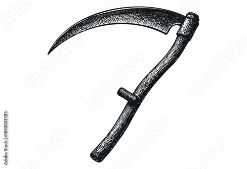 A hand-drawn black and white illustration of a traditional scythe, rendered in a vintage woodcut or engraving style — stock vector.