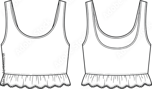 Women’s crop top technical fashion sketch, scoop neckline, scalloped ruffle hem, sleeveless design, cad drawing flat vector illustration