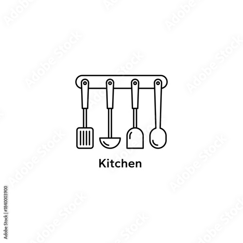 Kitchen equipment icon set. Kitchen utensils, appliances, supplies, tools, store, hardware, home, shop, household, label, logo, badge, sign, symbol, black, line, flat vector, isolated illustration.