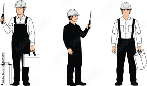 Construction worker vector set, professional laborers with hard hats, tools and equipment, industrial workforce illustrations, builder characters in safety gear collection