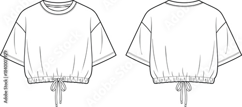 Women’s cropped top technical fashion sketch, drawstring hem, dropped shoulder, wide sleeves, cad drawing flat vector illustration design