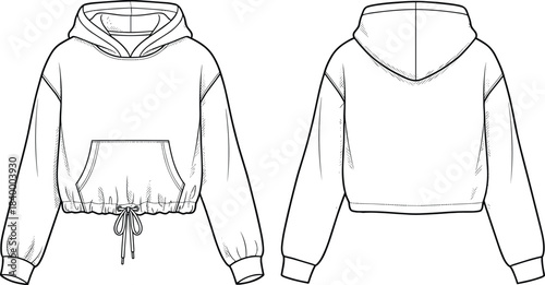 Women’s cropped hoodie technical fashion sketch, kangaroo pocket, drawstring hood, ribbed cuffs, cad drawing flat vector illustration design