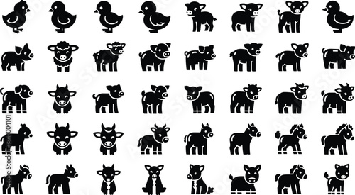 Cute farm animal silhouette vector set, adorable baby livestock icons, cartoon animals in simple shapes, children’s illustration collection, playful barnyard design elements
