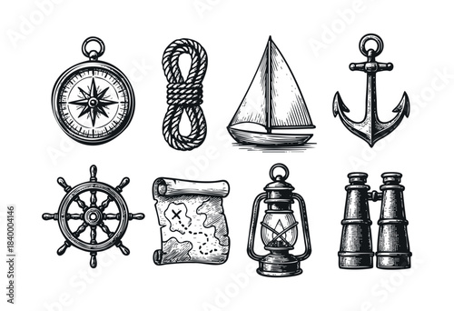 A collection of hand-drawn vintage nautical and adventure elements including a compass, rope, sailboat, anchor, ship wheel, treasure map, lantern, and binoculars, isolated on white background 