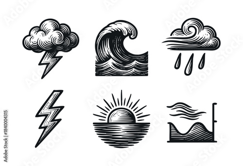 A collection of hand-drawn vintage style weather elements including lightning, rain, sun, ocean wave, and clouds, perfect for forecasts and natural phenomena illustrations — stock vector.