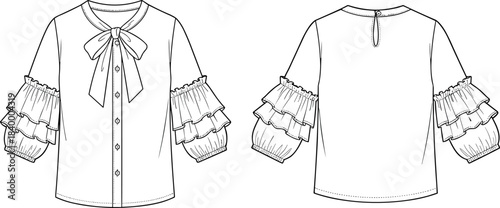 Women's blouse technical fashion sketch, bow tie neckline, ruffle sleeve detail, back keyhole, cad drawing flat vector illustration