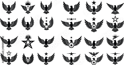 Eagle wing logo emblem collection, military patriotic badge set, heraldic bird symbols, star shield insignia, black silhouette vector designs
