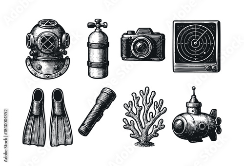 A collection of hand-drawn vintage deep-sea diving and marine exploration gear, including a helmet, scuba tank, camera, sonar, fins, flashlight, coral, and submarine, rendered in an engraved style