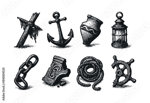 Set of vintage hand-drawn nautical and treasure hunting elements in an engraved style, featuring an anchor, ship's wheel, lantern, and ancient ruins, isolated on white — stock vector.