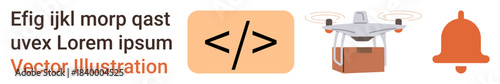 Technology, programming, automation, online updates, notifications, logistics. Code symbol, quadcopter carrying a package notification bell. Technology and programming in automation concept