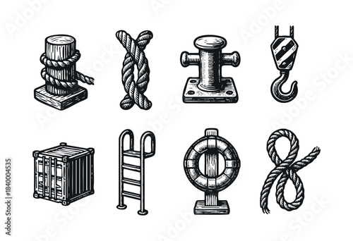 A collection of hand-drawn vintage maritime and shipping industry icons, featuring ropes, cleats, a crane hook, container, ladder, and lifebuoy in a classic engraving style — stock illustration.
