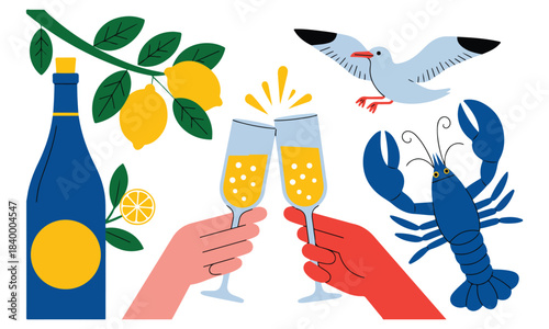 Coastal holiday toast with champagne and seafood