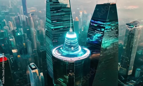 Pemandangan pusat kota dengan gedung pencakar langit dan lalu lintas di malam hari yang gemerlap oleh lampu 