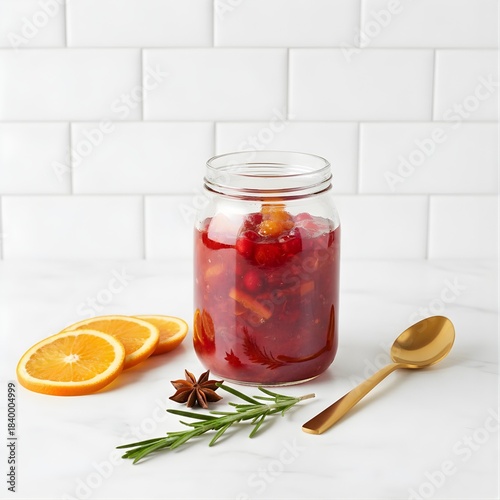 Orange Wheels, Christmas Preserves, and Gold Spoon on White Marble 