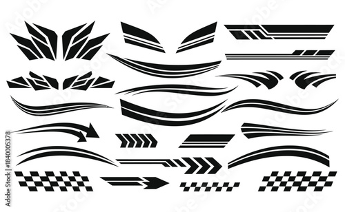 Collection of black car racing stripe decals and abstract vinyl graphic designs