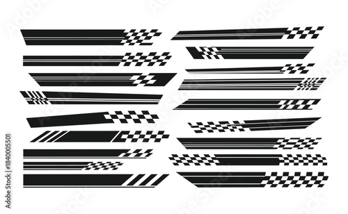 Collection of modern racing stripes and checkered flag car decals for vehicle customization