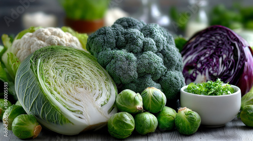Close up Healthy Fresh Farm Vegetables Isolated on White Background. Emphasizing Cabbage, Broccoli, Cauliflower and Brussels Sprout.