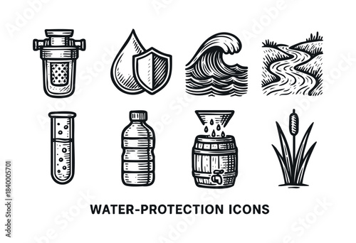 A comprehensive set of hand-drawn vector icons illustrating various aspects of water protection, conservation, quality, and environmental stewardship — stock vector.