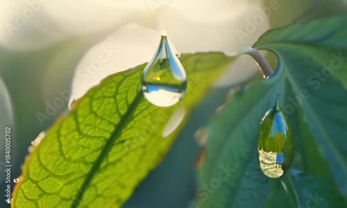 water drops on a green leaf