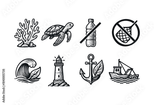 Collection of black and white vector illustrations depicting marine life, ocean elements, and conservation symbols for environmental themes—stock vector.