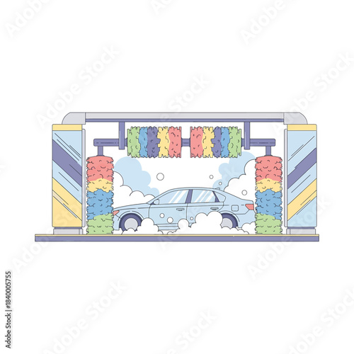 A sedan car going through an automatic car wash with colorful rotating brushes