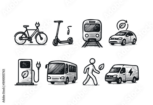 A collection of hand-drawn doodle icons depicting sustainable and eco-friendly transportation, including electric vehicles, public transport, walking, and charging stations — stock vector.