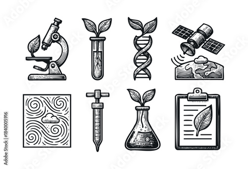A set of vintage-style black and white vector icons representing biotechnology, environmental science, and sustainable agriculture concepts — stock vector.