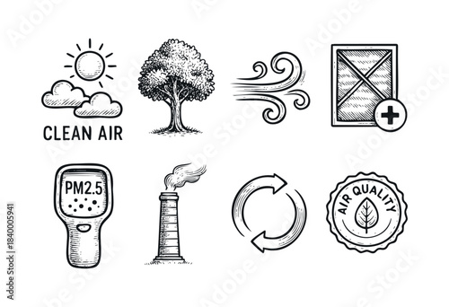 A collection of hand-drawn doodle icons representing air quality, pollution, clean air, environmental health, and filtration concepts on a white background — stock vector.
