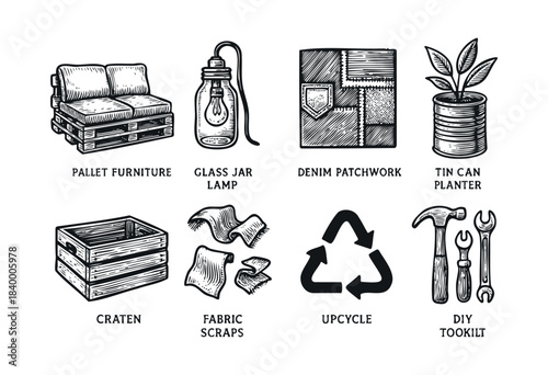 A collection of hand-drawn, sketch-style icons focused on DIY projects, upcycling, and sustainability, featuring pallet furniture, a glass jar lamp, fabric scraps, and a DIY toolkit — stock vector.