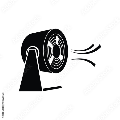 A black silhouette icon of a floor fan blowing air against a white background