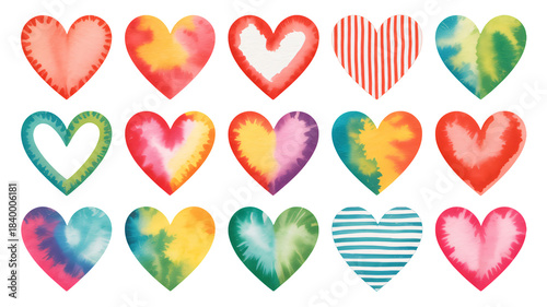 Vibrant watercolor hearts with tie-dye and striped patterns