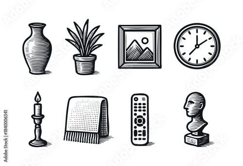 A collection of everyday household objects in a classic woodcut style, featuring a vase, plant, framed art, clock, candle, blanket, remote, and bust sculpture — stock vector.