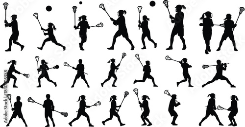 Lacrosse player silhouette vector set, women sports action poses, female athlete stick game collection, running passing shooting figures, black icons