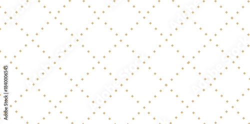 Golden vector seamless pattern with small diamonds, star shapes, rhombuses. Abstract gold and white geometric texture. Simple minimal wide repeat background. Luxury design for decor, wallpaper,	