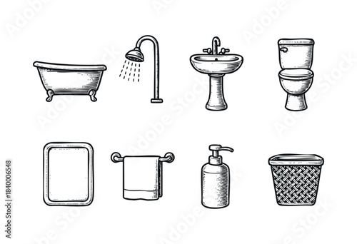 A collection of hand-drawn, vintage-style illustrations depicting essential bathroom fixtures and accessories on a white background — stock illustration.