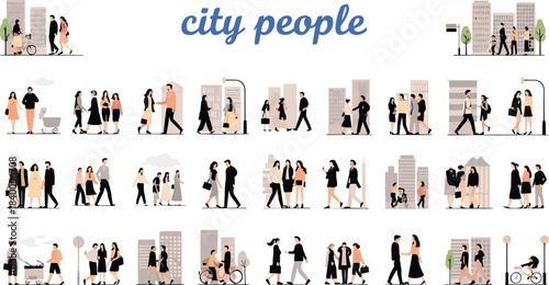 Modern city people walking illustration set featuring diverse urban characters, street lifestyle scenes, pedestrian silhouettes, everyday activities, and contemporary metropolitan graphic elements