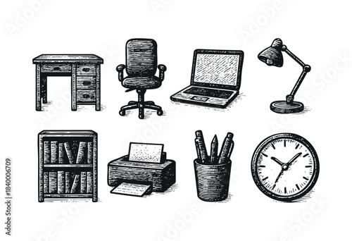 A collection of vintage-style, hand-drawn office and workspace elements including furniture, electronics, and stationery, rendered in a classic engraving technique — stock vector.