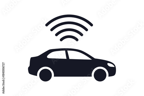 Canvastavla Black icon of a connected car with wireless signal for smart technology on a whi