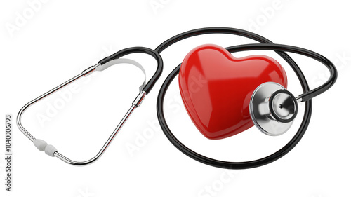 Heart health monitoring: stethoscope listened to a vibrant red heart symbol on white background