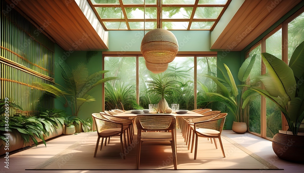 Fototapeta premium Interior view of a modern dining room with table, chairs, plants, blinds, and ambient lighting in a minimalist setting