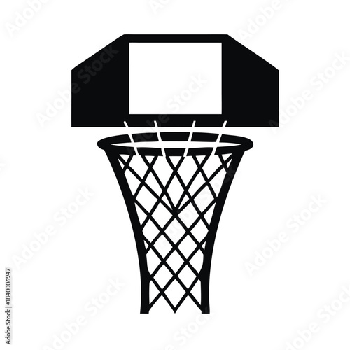 Simple black and white graphic icon of a basketball hoop net and backboard ready for scoring