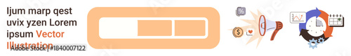 Business progress, data analysis, workflow management, budgeting, goal tracking, performance metrics. Progress bar, financial symbols and analytics tools together. Business progress and data