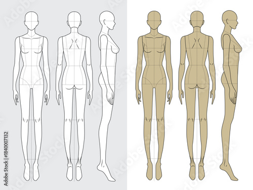 Female fashion figures illustration vector design technical flat sketch by adobe illustrator.