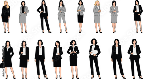 Professional businesswomen vector set, elegant female office workers in formal suits, corporate fashion illustrations, isolated modern business people collection
