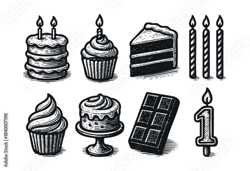 A collection of hand-drawn, vintage-style birthday cakes, cupcakes, candles, and sweet treats in black and white engraving art — stock vector.