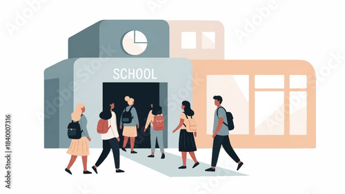 Illustration of students walking in front of a school building with a clock and windows on a white background.