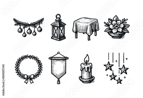 A set of hand-drawn, vintage-style icons for celebrations and decoration, featuring a garland, lantern, wreath, and candle — stock vector.