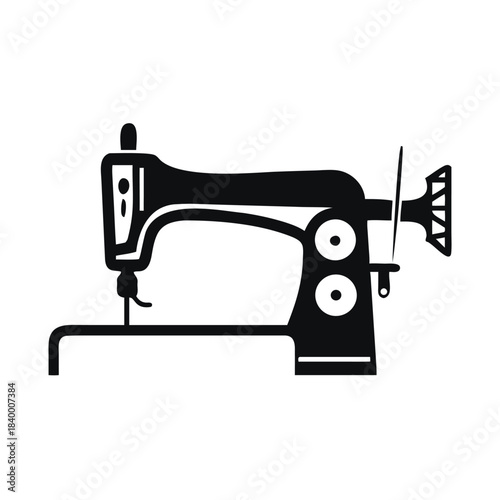 Simple black and white icon representing a classic sewing machine for tailoring and craft projects