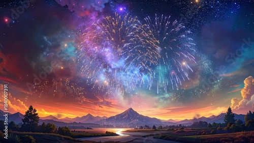 Colorful Fireworks Display Over Mountain Landscape at Sunset
