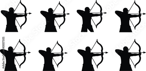 Silhouette illustration of archers aiming bows, repeated shooting pose artwork for sports training, archery practice, precision skill, competition and outdoor activity concepts